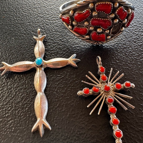 Jewelry - Navajo Sterling Cross Pendants & Red Coral Cuff